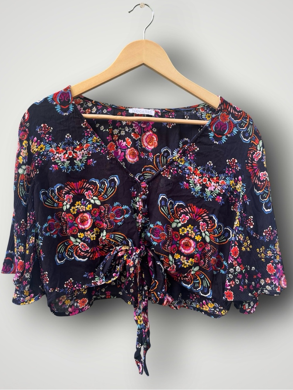 Patrons of Peace Boho Black Floral Tie Crop Top